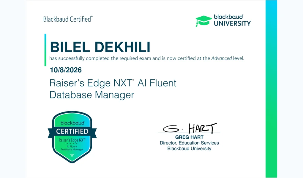 Certificate document issued by Blackbaud University to Bilel Dekhili