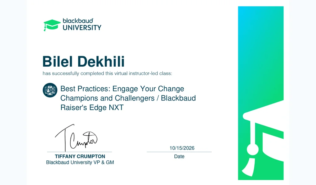 Blackbaud University Change Champions course completion certificate