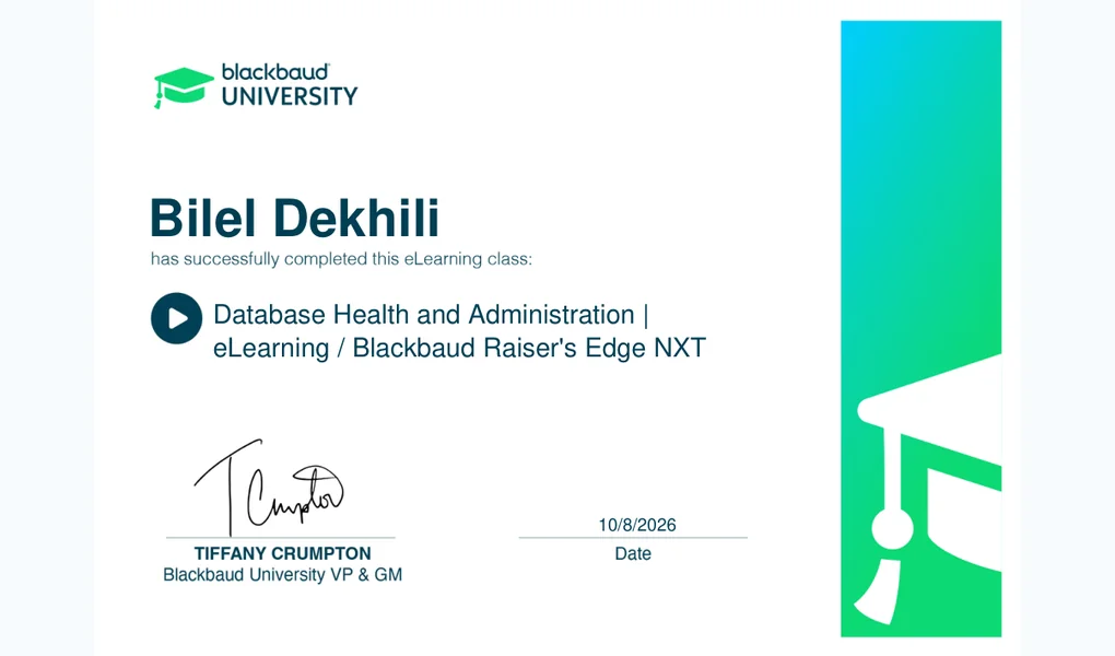 Blackbaud University database health course completion certificate