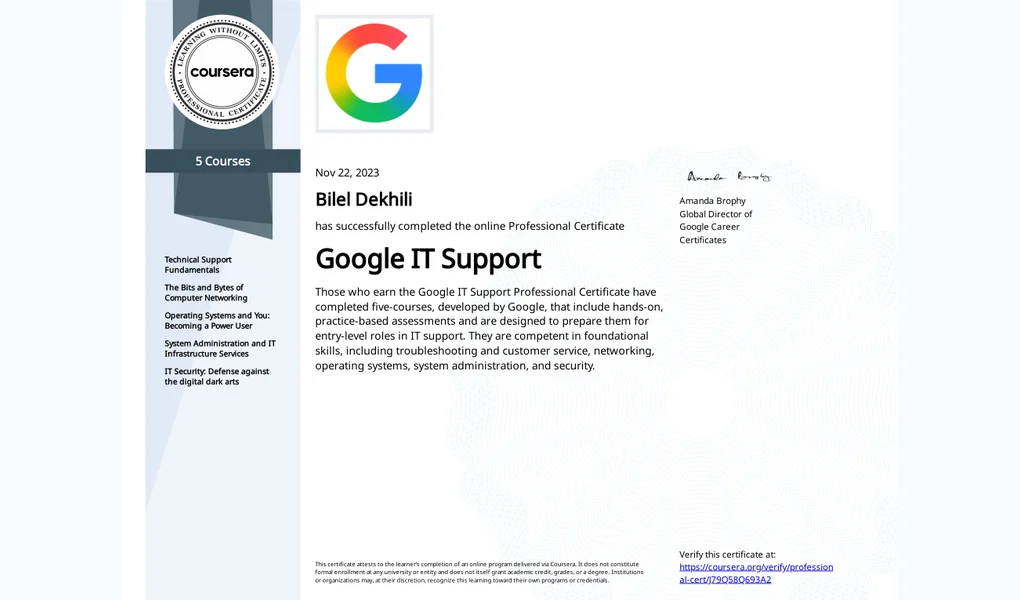 Certificate document issued by Google · Coursera to Bilel Dekhili