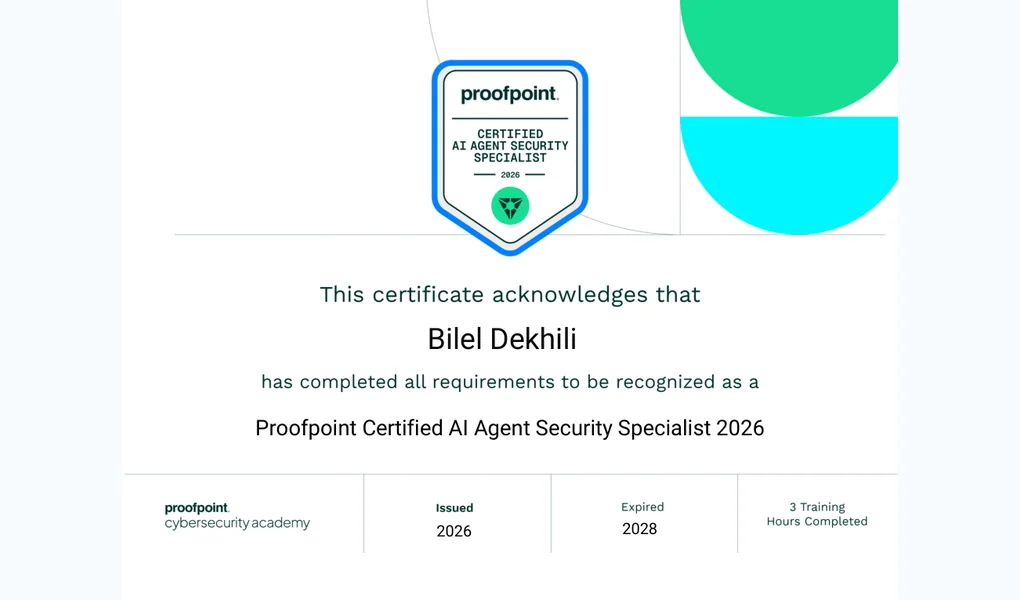 Certificate document issued by Proofpoint to Bilel Dekhili