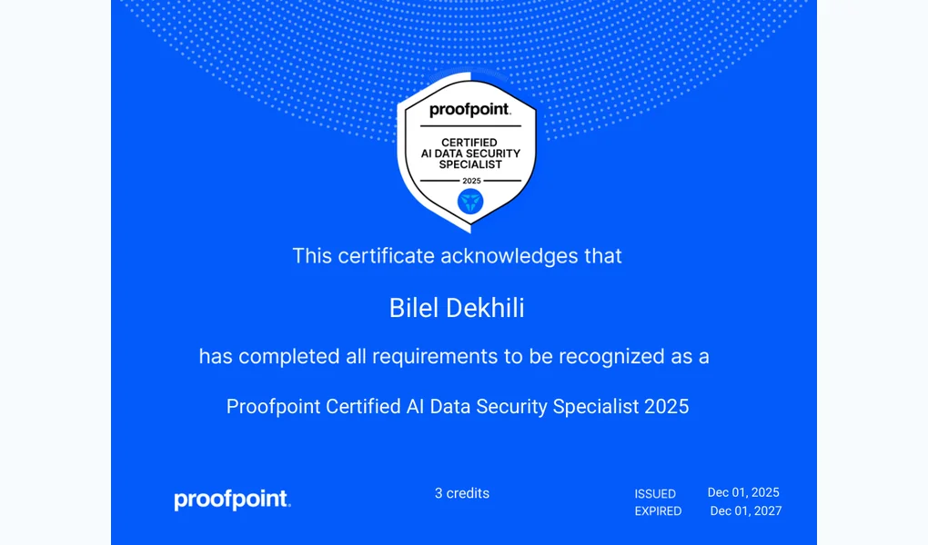Certificate document issued by Proofpoint to Bilel Dekhili